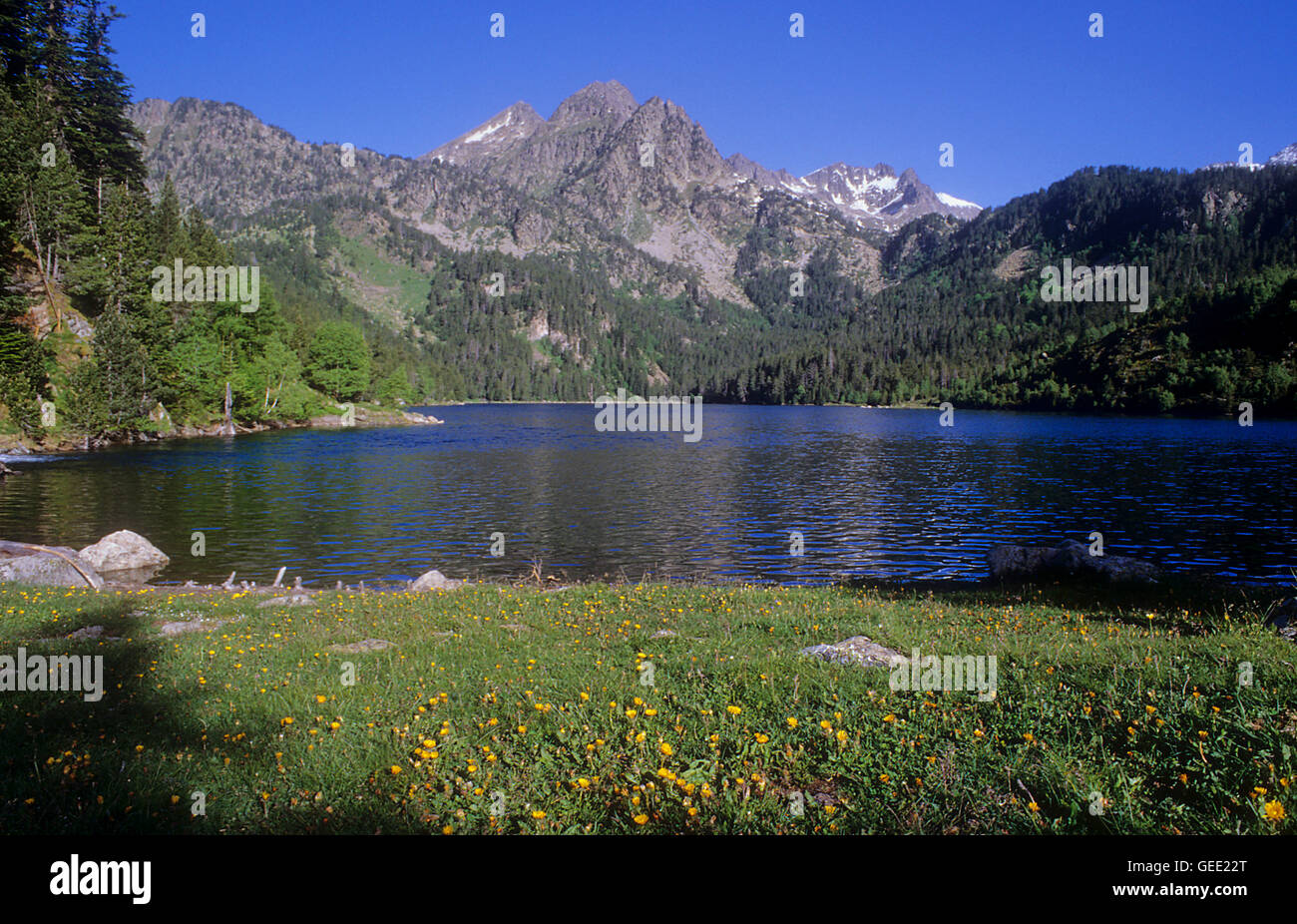`Estany de Sant Maurici´Sant Maurici lake, Aigüestortes i Estany de Sant Maurici National Park, Pyrenees, Lleida province, Catal Stock Photo